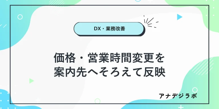 価格・営業時間の変更を案内先へ反映する確認手順を示す文字入り画像